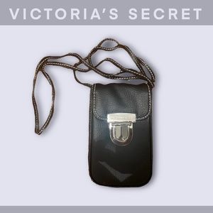 Vtg Victorias Secret Phone Black crossbody long strap black leather black purse